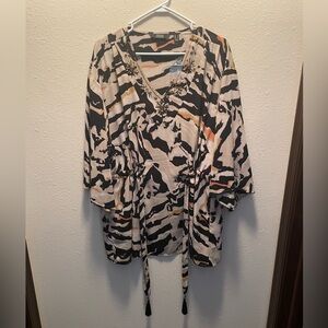 🆕 Dennis Basso Printed Woven Beaded Caftan with Tie at Waist